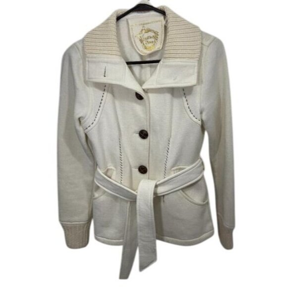 Knitted Dove Jackets & Blazers - Womens Knitted Dove Ivory Knit Button-Front Belted Light-weight Jacket Size Sm